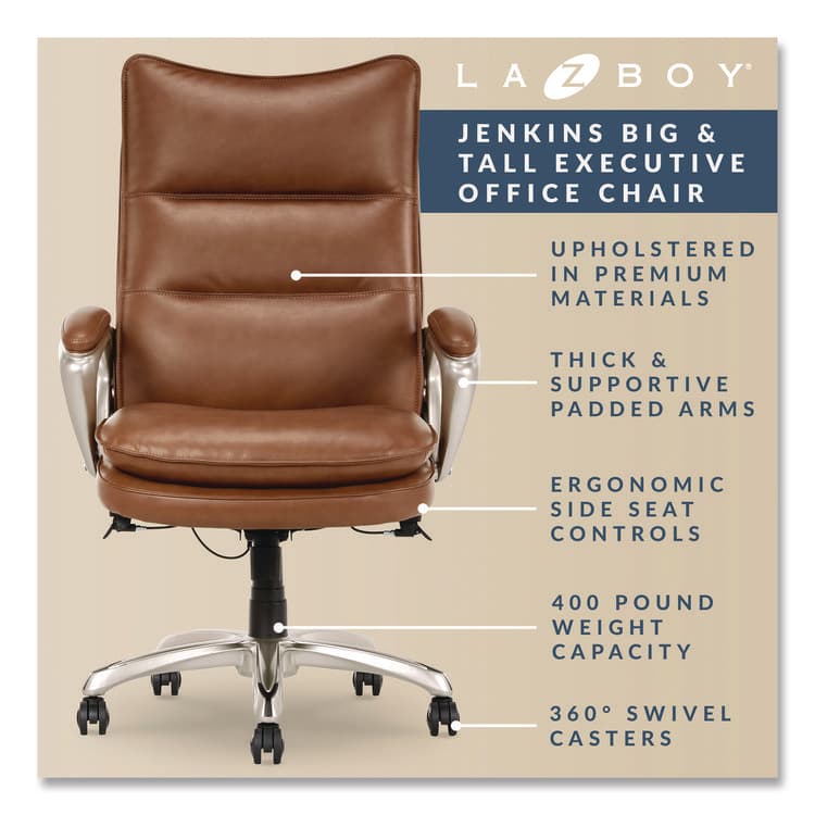 LA-Z-BOY CHAIR COMPANY Jenkins Executive Big and Tall Chair, Supports Up to 400 lb, 20" to 23" Seat Height, Brown Seat/Back, Silver/Black Base (LZB60075CAM) thumbnail 4