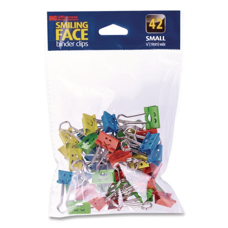OFFICEMATE INTERNATIONAL CORP. Smiling Face Binder Clips, Small, Assorted Colors, 42/Pack (OIC31090)