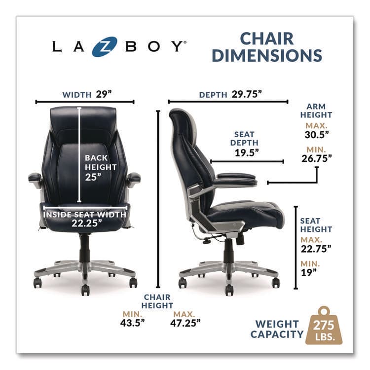 LA-Z-BOY CHAIR COMPANY Meyer Bonded Leather Executive Chair, Supports Up to 275 lb, 19" x 22.75", Navy Seat, Navy/Back, Silver Base (LZB60082NVYCC) thumbnail 3