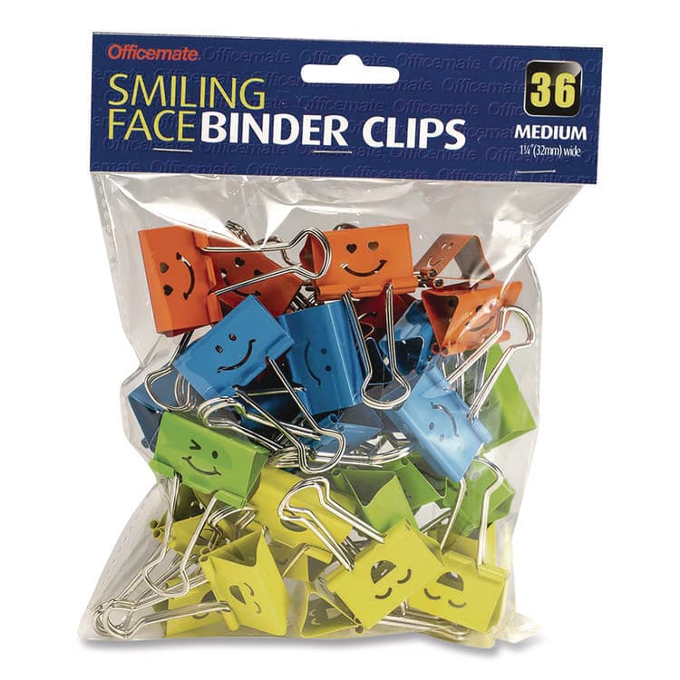 OFFICEMATE INTERNATIONAL CORP. Smiling Face Binder Clips, Medium, Assorted Colors, 36/Pack (OIC31095)