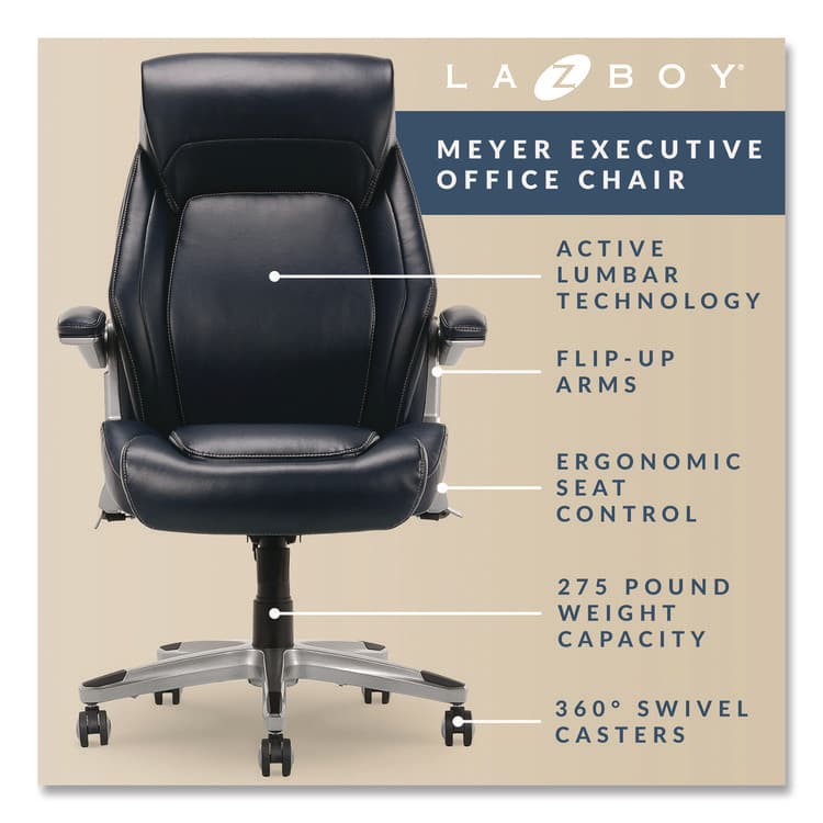 LA-Z-BOY CHAIR COMPANY Meyer Bonded Leather Executive Chair, Supports Up to 275 lb, 19" x 22.75", Navy Seat, Navy/Back, Silver Base (LZB60082NVYCC) thumbnail 4