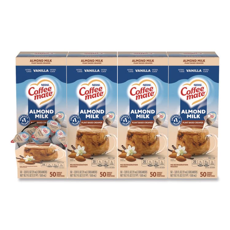 NESTLE Plant-Based Almond Milk Non-Dairy Liquid Creamer Singles, Natural Vanilla, 0.38 oz Mini Cups, 200/Carton (NES42258CT)