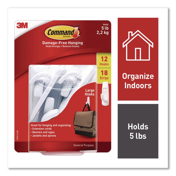 3M/COMMERCIAL TAPE DIV. Large Utility Hooks, Plastic, White, Supports 5 lb, 12/Pack (MMM17003CLUB)