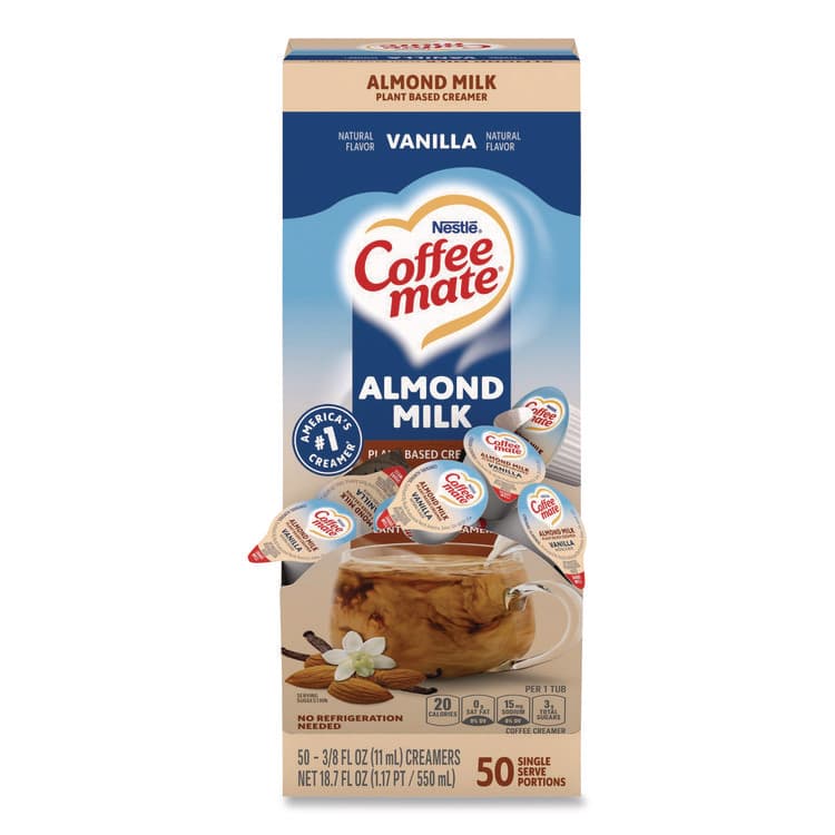 NESTLE Plant-Based Almond Milk Non-Dairy Liquid Creamer Singles, Natural Vanilla, 0.38 oz Mini Cups, 50/Box (NES42258BX)