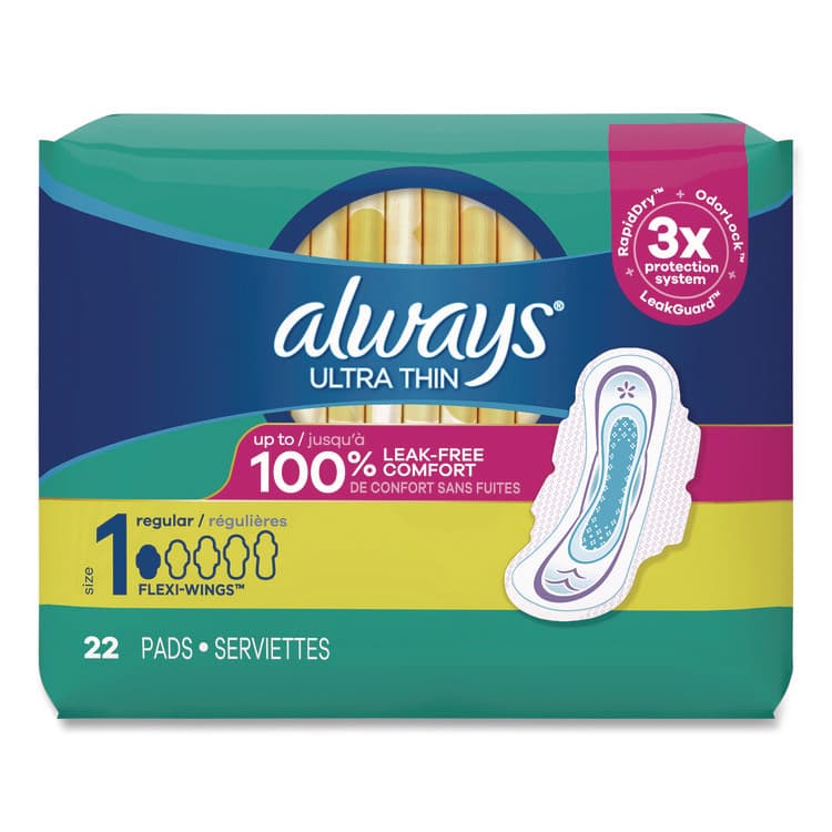 PROCTER & GAMBLE Ultra Thin Pads with Wings, Size 1, Regular Absorbency, 22 Pads/Pack, 12 Packs/Carton (PGC03339) thumbnail 2