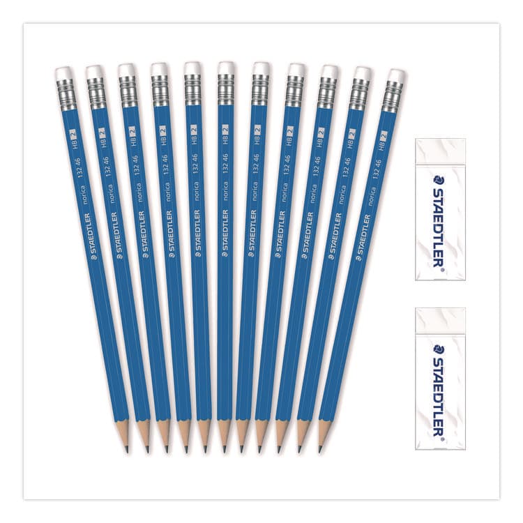 STAEDTLER, . Pre-Sharpened Wooden Pencils with (40) Block Erasers, HB #2 Black Lead, Blue Barrel, 500/Pack (STD13246C500)