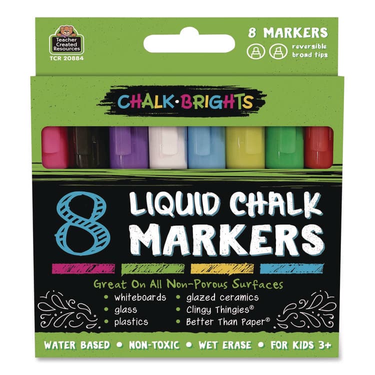 TEACHER CREATED RESOURCES Chalk Brights Liquid Chalk Markers, Broad Reversible Bullet/Chisel Tips, Assorted Colors, 8/Pack (TCR20884)