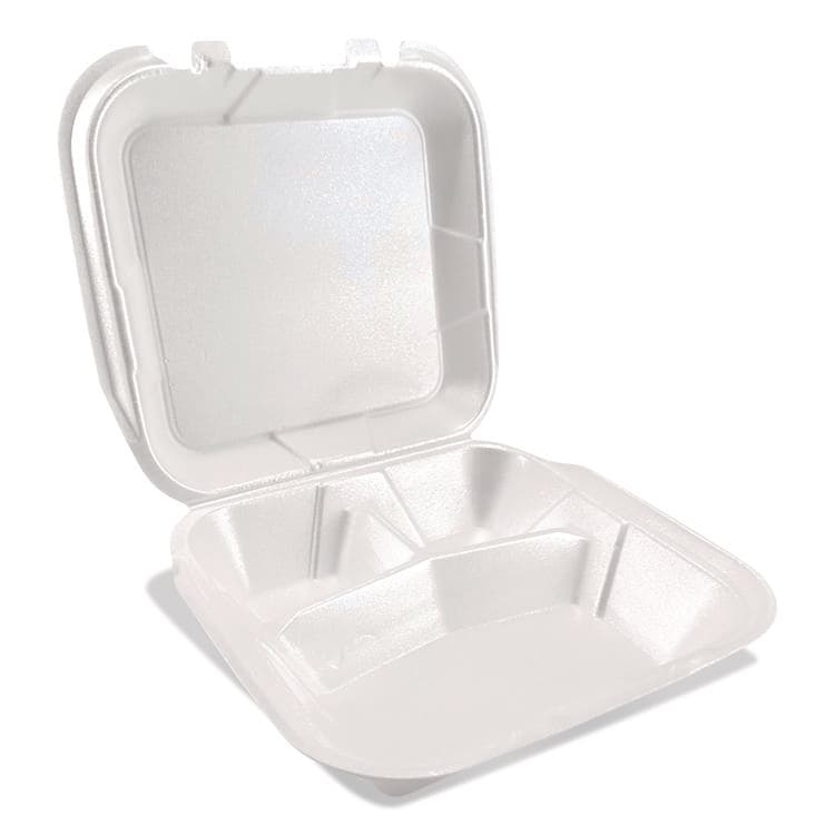 PLASTIFAR SA Foam Hinged Lid Containers, 3-Compartment, 9 x 9 x 3, White, Foam, 200/Carton (PST12083)