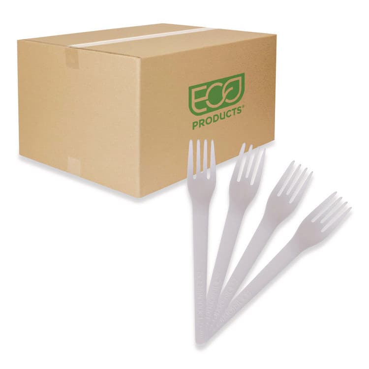 ECO-PRODUCTS,INC. Plantware Compostable Cutlery, Fork, Plastic, Pearl White, 50/Pack, 20 Packs/Carton (ECOEPS012)