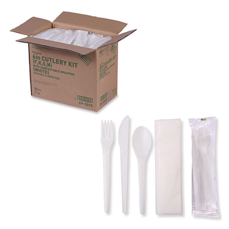 ECO-PRODUCTS,INC. Plantware Compostable Cutlery Kit, Fork/Knife/Napkin/Spoon, Pearl White, 250 Kits/Carton (ECOEPS015)