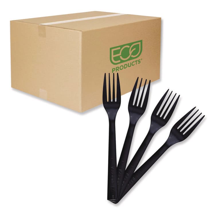 ECO-PRODUCTS,INC. 100% Recycled Content Cutlery, Fork, Plastic, Black, 50/Pack, 20 Packs/Carton (ECOEPS112)
