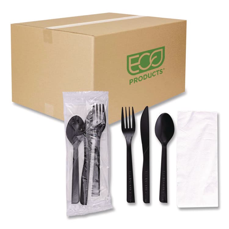ECO-PRODUCTS,INC. 100% Recycled Content Cutlery Kit, Heavyweight Fork/Knife/Soup Spoon/Spoon, Plastic, Black, 250/Carton (ECOEPS115)