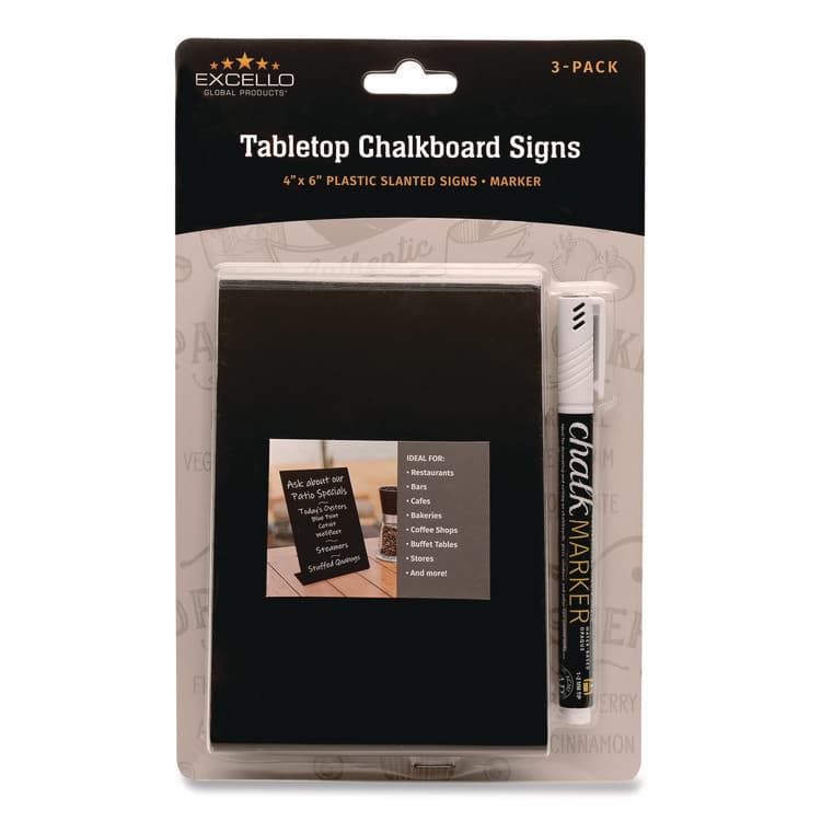 EXCELLO GLOBAL PRODUCTS Tabletop Chalkboard Signs, Black Surface, 4 x 6, 3/Pack (EXOEGPHD0509S)