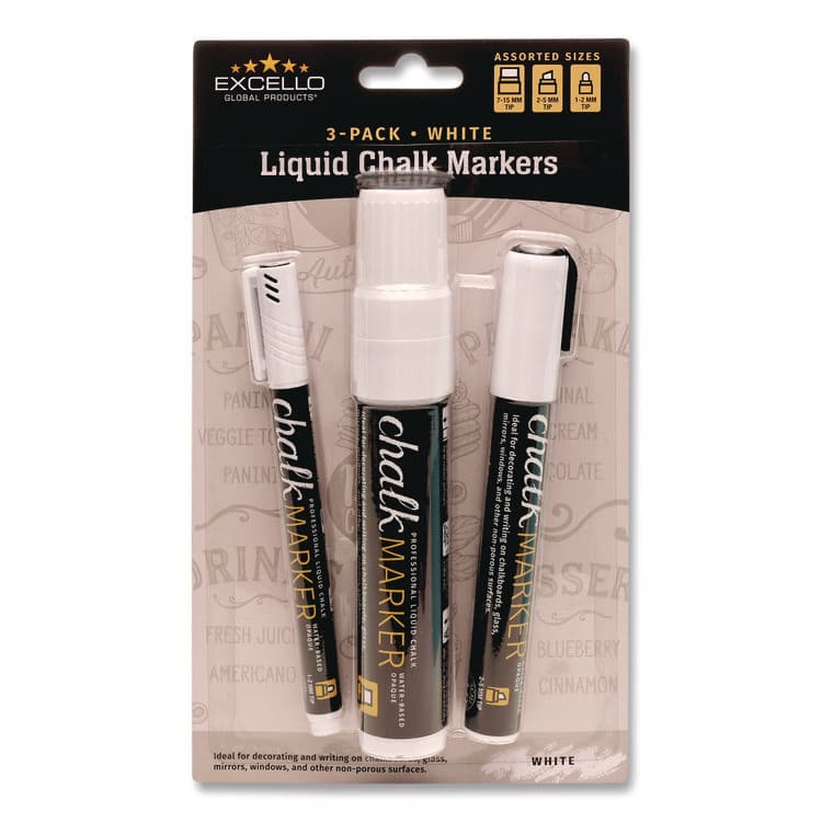 EXCELLO GLOBAL PRODUCTS Liquid Chalk Markers, Assorted Tip Sizes and Types, White, 3/Pack (EXOEGPHD0511S)
