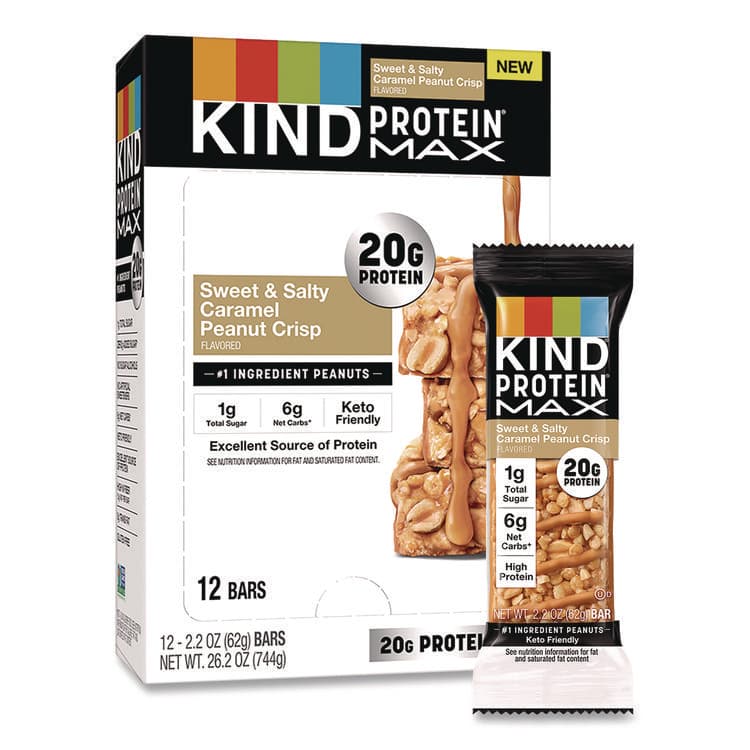 KIND LLC Protein MAX Bar, Sweet and Salty Caramel Peanut Crisp, 2.2 oz Bar, 12/Box (KNDPHW43475)