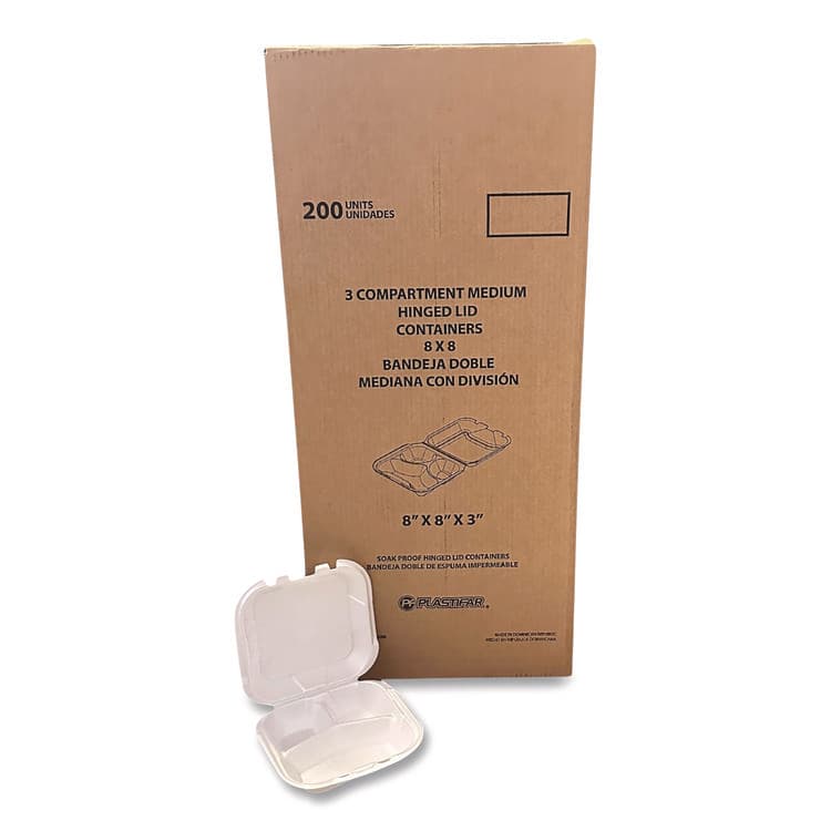 PLASTIFAR SA Foam Hinged Lid Containers, 3-Compartment, 8.56 x 8 x 2.76, White, Foam, 200/Carton (PST12092)