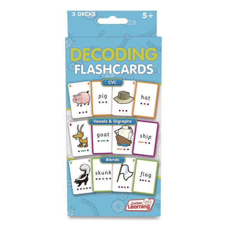 JUNIOR LEARNING Decoding Flashcards: Blend Patterns, CVC Words, Vowels/Digraphs, Grades K to 1, Assorted Colors, 54 Cards/Deck, 3 Decks (JRL211)
