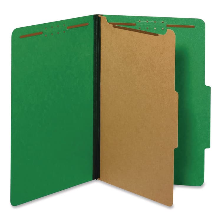 TOPS BUSINESS FORMS Pressboard Top Tab Classification Folders, 2/5-Cut Tab, Expands 1.75", 1 Divider, 4 Fasteners, Legal Size, Dark Green, 10/Box (PFX28733P)