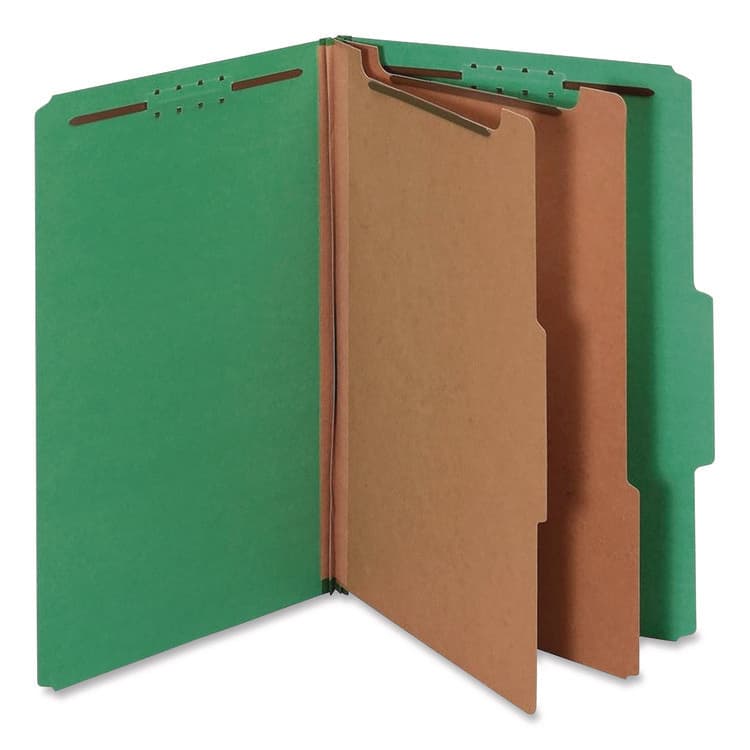 TOPS BUSINESS FORMS Pressboard Top Tab Classification Folders, 2/5-Cut Tab, Expands 2.5", 2 Dividers, 6 Fasteners, Legal Size, Dark Green, 10/Box (PFX29033P)