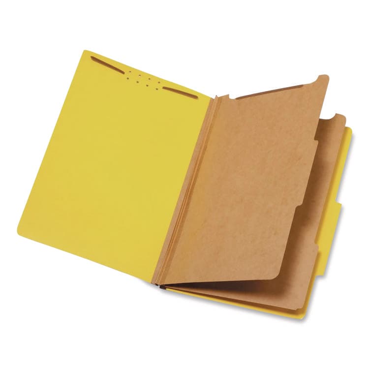 TOPS BUSINESS FORMS Pressboard Top Tab Classification Folders, 2/5-Cut Tab, Expands 2.5", 2 Dividers, 6 Fasteners, Legal Size, Yellow, 10/Box (PFX29034P)