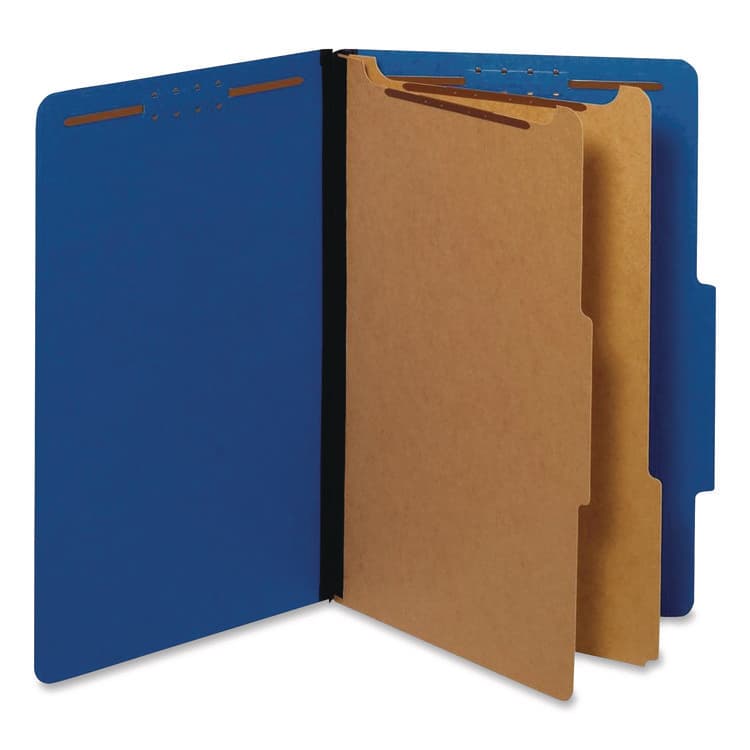 TOPS BUSINESS FORMS Pressboard Top Tab Classification Folders, 2/5-Cut Tab, Expands 2.5", 2 Dividers, 6 Fasteners, Legal Size, Dark Blue, 10/Box (PFX29035P)