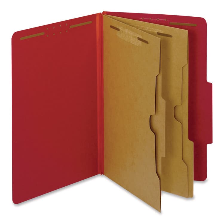 TOPS BUSINESS FORMS Pressboard Top Tab Classification Folders, 2/5-Cut Tab, Expands 2.5", 2 Dividers, 6 Fasteners, Legal Size, Bright Red, 10/Box (PFX29082P)