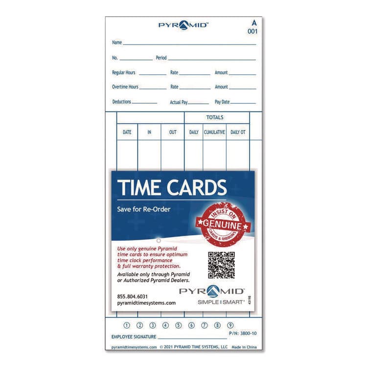 PYRAMID TECHNOLOGIES, . Time Clock Cards for 3800 Time Clock, 100/Pack (PTI380010)