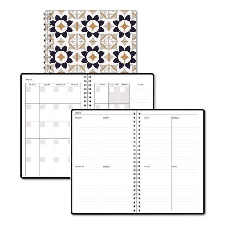 HOUSE OF DOOLITTLE Recycled Non-Dated Monthly/Weekly Planner, Flower Tiles, Tan/Black/White Cover, Undated (HOD212145)
