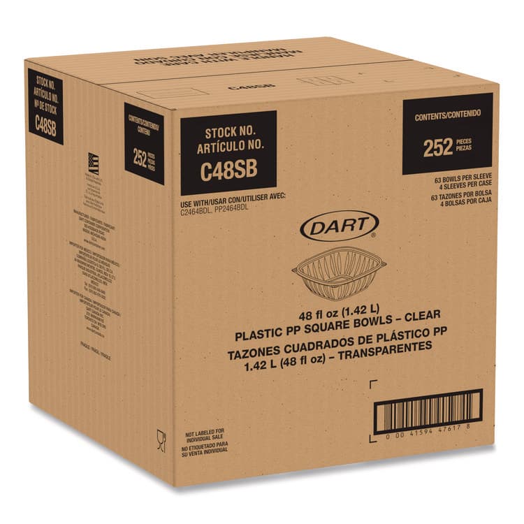 DART Square Plastic Bowls, 48 oz, 5 x 5 x 2.55, Clear, Plastic, 63 Bowls/Sleeve, 4 Sleeves/Carton (DCCC48SB)