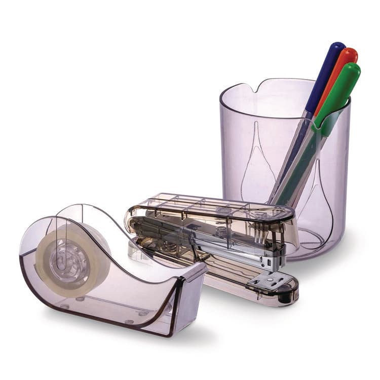 OFFICEMATE INTERNATIONAL CORP. Recycled Plastic Three-Piece Desk Set: (1) Pencil Cup, (1) Stapler, (1) Tape Dispenser, (1) Roll of Tape, Translucent Ash (OIC97712)