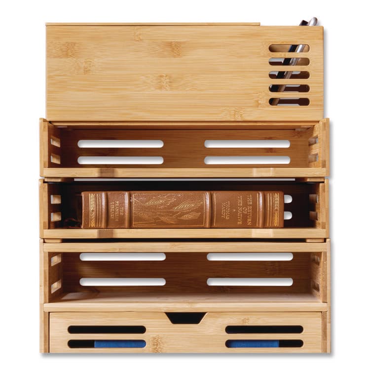 OFFICEMATE INTERNATIONAL CORP. Bamboo Stackable Desktop Document Trays, 2 Sections, Letter Size Files, 14.09" x 10.47" x 4.4", Brown, 2/Pack (OIC71004) thumbnail 3