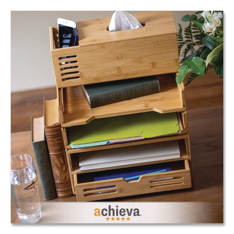 OFFICEMATE INTERNATIONAL CORP. Bamboo Stackable Desktop Document Trays, 2 Sections, Letter Size Files, 14.09" x 10.47" x 4.4", Brown, 2/Pack (OIC71004) thumbnail 4