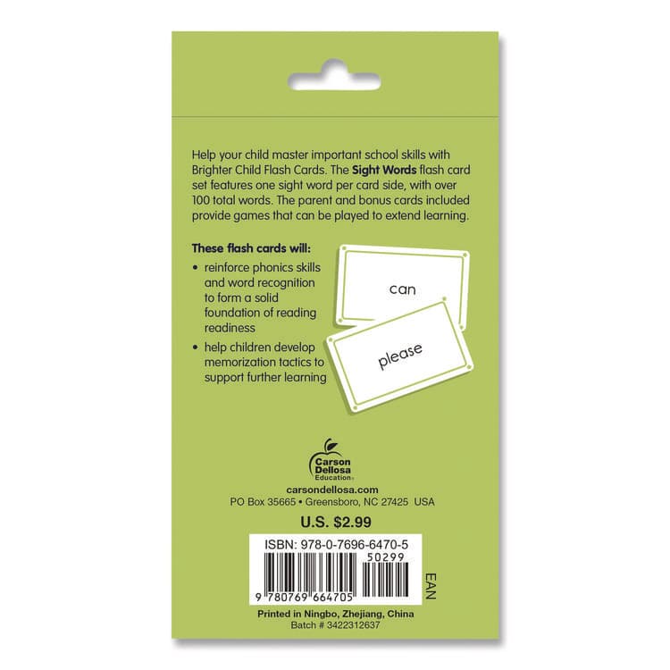 CARSON-DELLOSA EDUCATION Sight Words Flash Cards, Grades Pre-K to 1, 3.25" x 5.25", Assorted Colors, 54 Cards (CDP0769664709) thumbnail 2