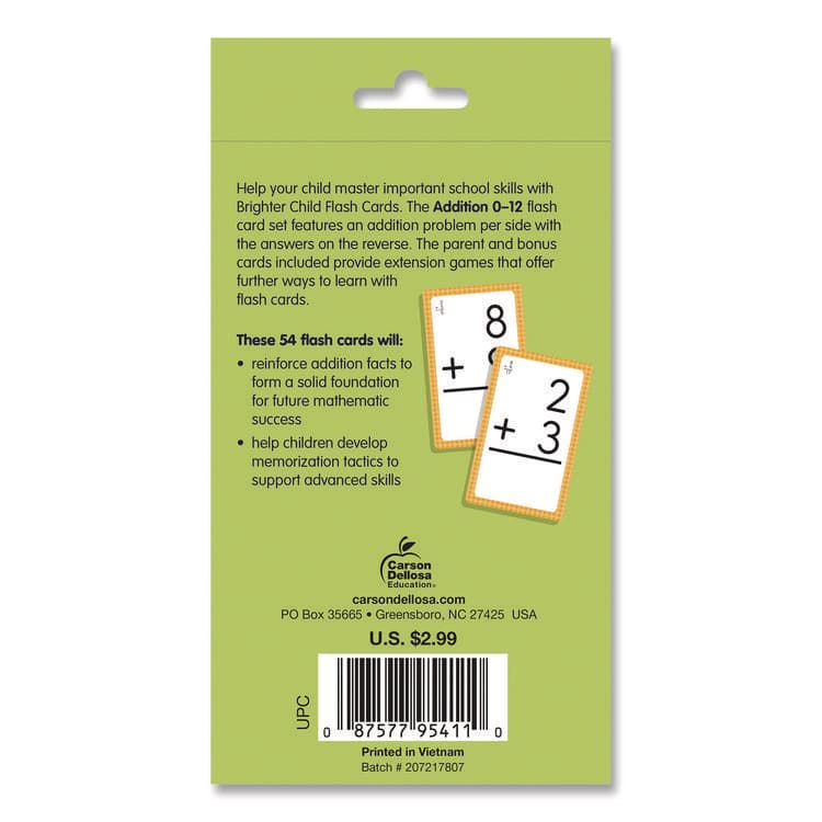 CARSON-DELLOSA EDUCATION Addition 0 to 12 Flash Cards, Grades 1 to 5, 3.25" x 5.25", Assorted Colors, 54 Cards (CDP0769677118) thumbnail 2