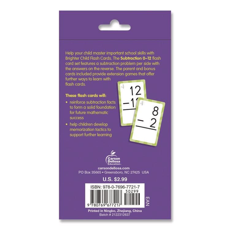 CARSON-DELLOSA EDUCATION Subtraction 0 to 12 Flash Cards, Grades 1 to 5, 3.25" x 5.25", Assorted Colors, 54 Cards (CDP0769677215) thumbnail 2