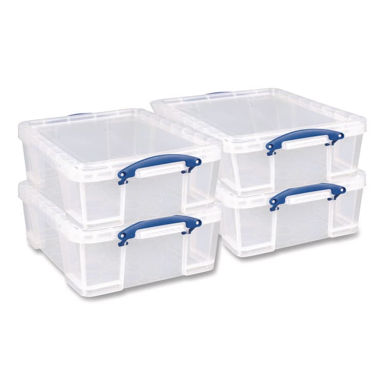 REALLY USEFUL BOXES . Snap-Lid Storage Bin, 4.49 gal, 11" x 18" x 4", Clear/Blue, 4/Pack (RUA17CPK4CB)