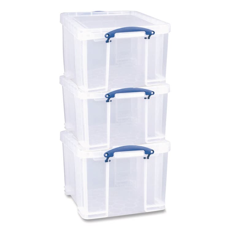 REALLY USEFUL BOXES . Snap-Lid Storage Bin, 8.45 gal, 14" x 18" x 12.25", Clear/Blue, 3/Pack (RUA32CPK3CB)