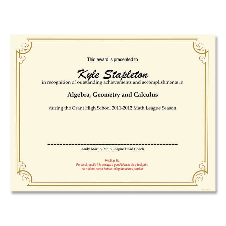 COSCO Golden Scroll Frame Foil Certificate, 11 x 8.5, Beige with Gold Scroll Border, 12/Pack (GRP2011859) thumbnail 3