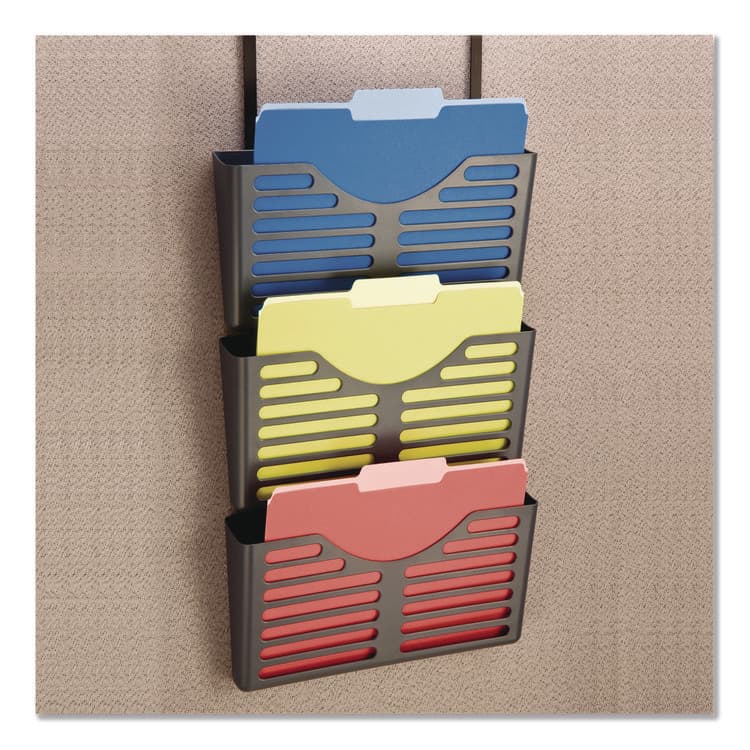 UNIVERSAL OFFICE PRODUCTS Recycled Plastic Cubicle Triple File Pocket, Cubicle Pins Mount, 13.5 x 4.75 x 28, Charcoal, 3/Pack (UNV08163)