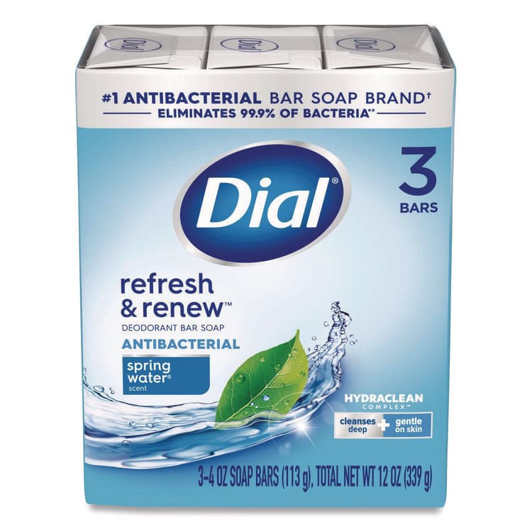 DIAL PROFESSIONAL Refresh and Renew Antibacterial Deodorant Bar Soap, Spring Water Scent, 4 oz, 3 Bars/Pack, 4 Packs/Carton (DIA11811)