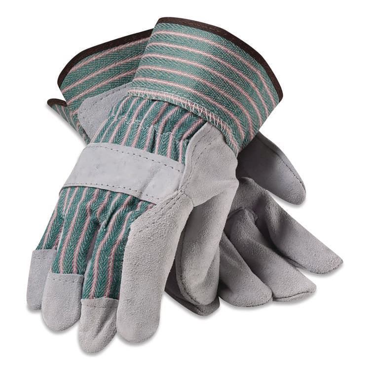 PROTECTIVE INDUSTRIAL PRODUCTS Bronze Series Leather/Fabric Work Gloves, Gunn Cut, Wing Thumb, Large (Size 9), Gray/Green, 12 Pairs (PID836563L) thumbnail 2