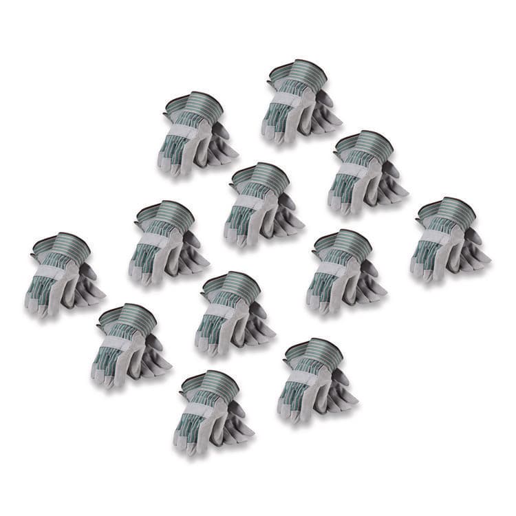 PROTECTIVE INDUSTRIAL PRODUCTS Bronze Series Leather/Fabric Work Gloves, Gunn Cut, Wing Thumb, Large (Size 9), Gray/Green, 12 Pairs (PID836563L)