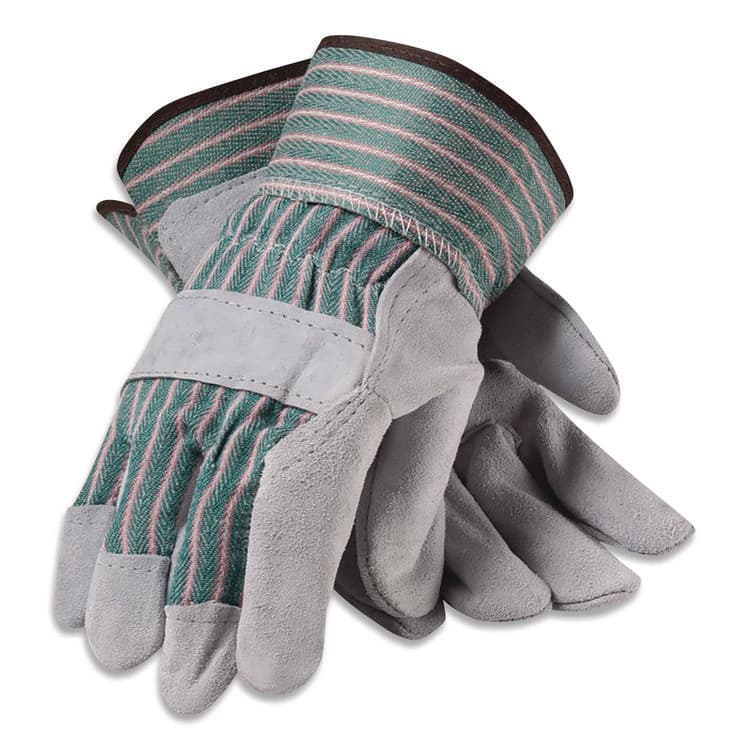 PROTECTIVE INDUSTRIAL PRODUCTS Bronze Series Leather/Fabric Work Gloves, Gunn Cut, Wing Thumb, Medium (Size 8), Gray/Green, 12 Pairs (PID836563M) thumbnail 2