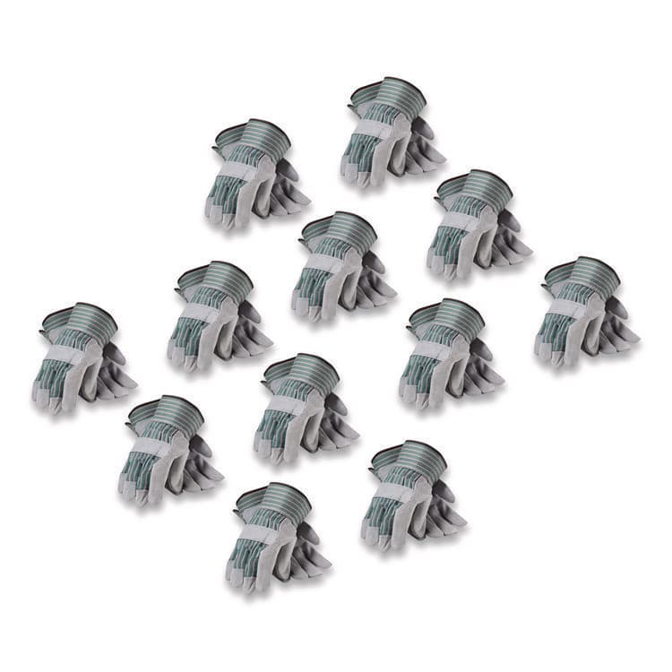 PROTECTIVE INDUSTRIAL PRODUCTS Bronze Series Leather/Fabric Work Gloves, Gunn Cut, Wing Thumb, Medium (Size 8), Gray/Green, 12 Pairs (PID836563M)