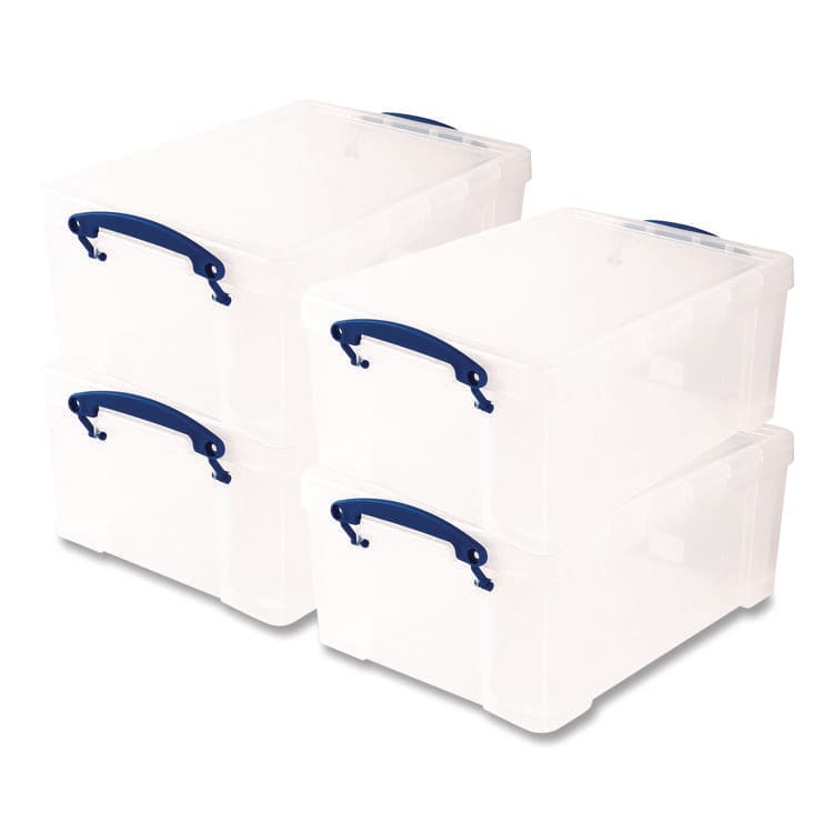REALLY USEFUL BOXES . Snap-Lid Storage Bin, 2.37 gal, 10.25" x 14.5" x 6.25", Clear/Blue, 4/Pack (RUA9CPK4CB)