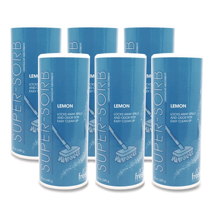 FRESH PRODUCTS Super-Sorb Liquid Spill Absorbent, Lemon Scent, 720 oz Absorbing Volume, 12 oz Shaker Can, 6/Box (FRS614SSBX)