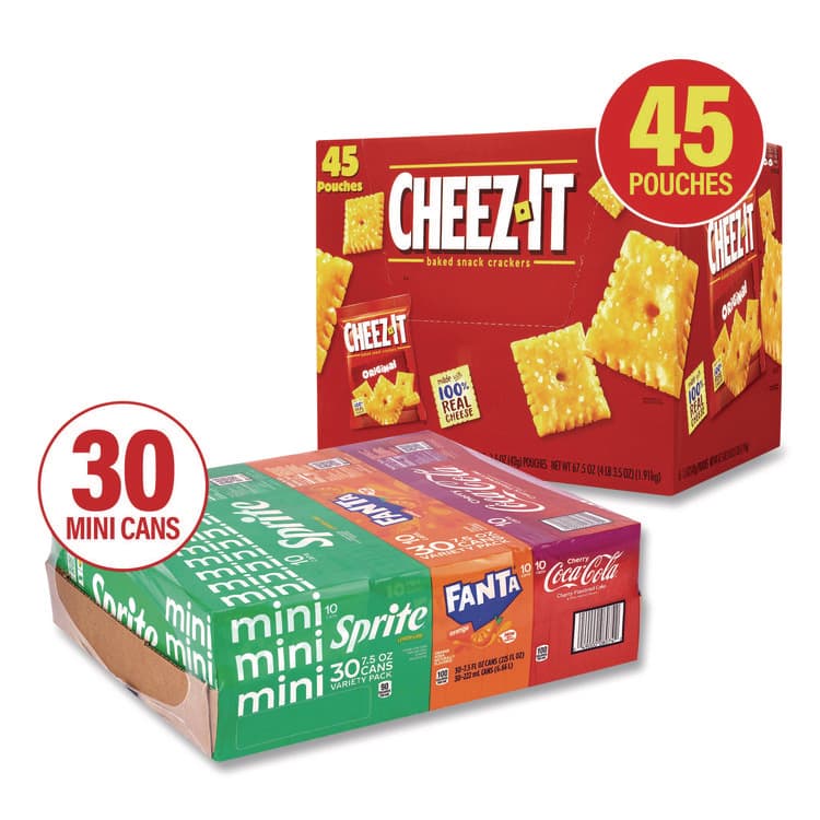COCA-COLA Soda Mini Variety and Cheez-It Combo Pack, (30) 7.5 oz Cans Assorted Flavors, (45) 1.5 oz Pouch Original Cheez-It/Bundle (GRR60004171) thumbnail 2
