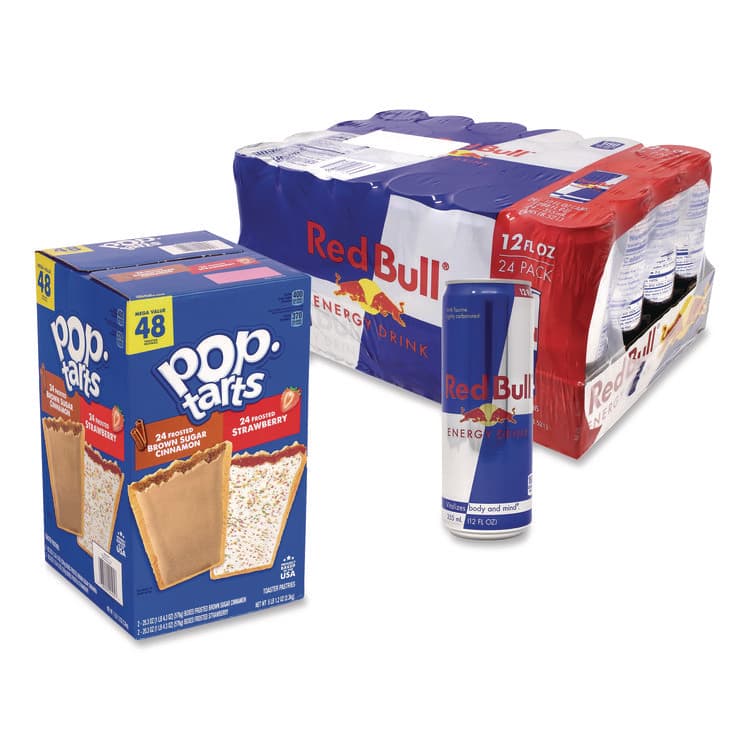 SNACK BOX PROS Red Bull Energy Drink and Pop Tart Combo Pack,(24) 12oz Cans,(24) Frosted Strawberry/(24) Frosted Brown Sugar Cinnamon/Bundle (GRR60004173)