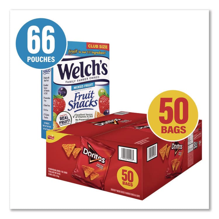 SNACK BOX PROS Doritos Nacho Cheese Tortilla Chips and Welch's Mixed Fruit Snacks, (50) 1oz Bag Chips, (66) 0.8 oz Pouch Fruit Snacks/Bundle (GRR60004174) thumbnail 2