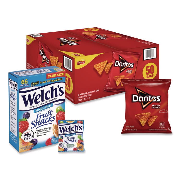 SNACK BOX PROS Doritos Nacho Cheese Tortilla Chips and Welch's Mixed Fruit Snacks, (50) 1oz Bag Chips, (66) 0.8 oz Pouch Fruit Snacks/Bundle (GRR60004174)